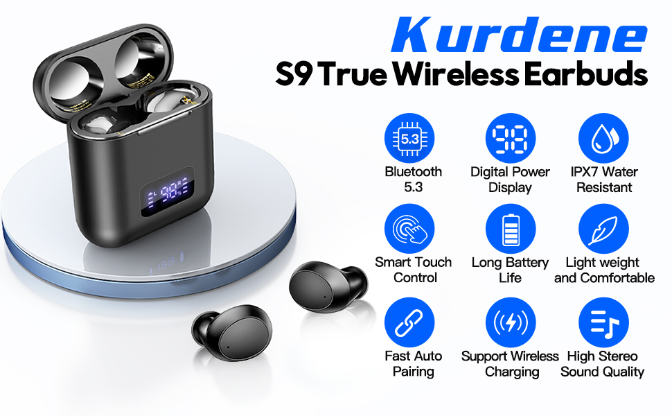 Kurdene S9 Wireless Earbuds with LED Power Display and IPX7 Waterproof