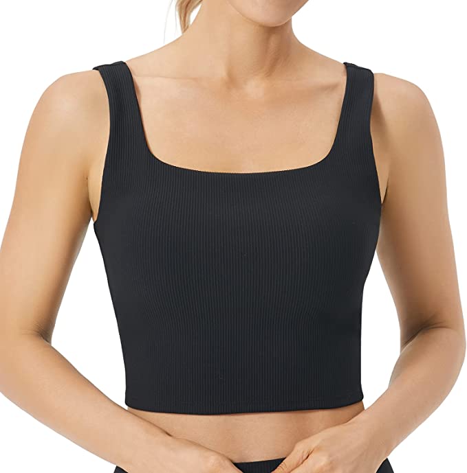 : FITTIN Women's Longline Sports Bra - Ribbed Tank Top Built-in Bra Workout Camisole Crop Tops - Square Neck Fitness Tank Top