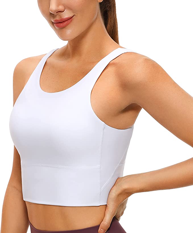 : CRZ YOGA Womens Butterluxe Adjustable Spaghetti Strap Longline Sports Bra - V Neck Padded Crop Tank Top with Built-in Bra
