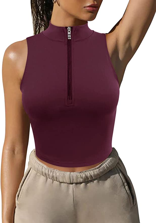 : LASLULU Women's Half Zipper Workout Top - Slim Fit Crop Top with Built-in Bra