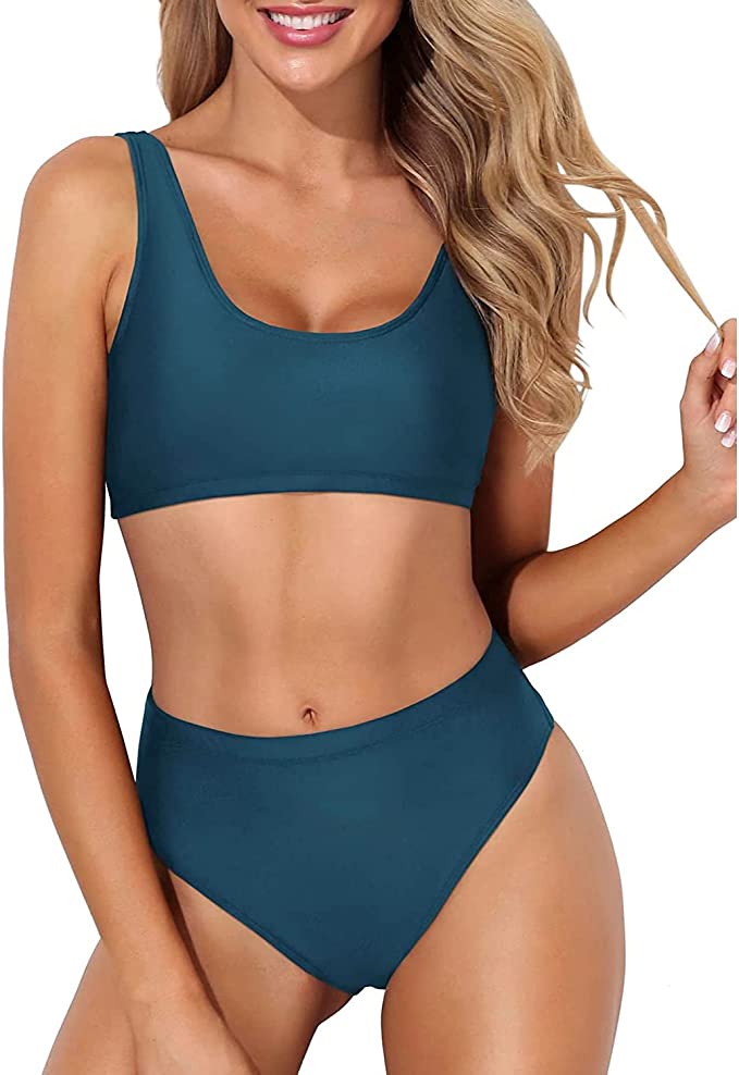 : Tempt Me Women Two Piece Scoop Neck Bikini Crop Top High Cut Swimsuit Sporty High Waisted Bathing Suit with Bottoms - A Stylish and Comfortable Swimwear Option