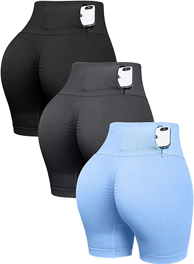 : OQQ Ribbed ShortsOQ104 Women's 3 Piece Butt Lifting Yoga Shorts Ribbed Workout High Waist Athletic Leggings with Pockets - Stylish and Supportive