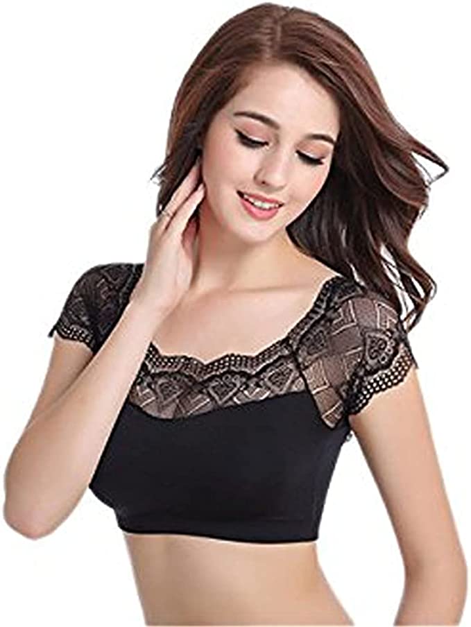 DRESHOW Lace Bralette Tank Tops Lace Cap Padded Stretch Yoga Sports Bra for Women