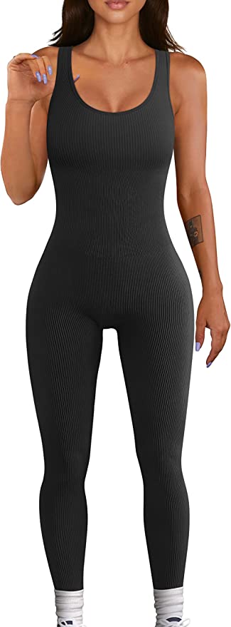 OQQ Women's Jumpsuits Ribbed One Piece Tank Tops Rompers Sleeveless Yoga Exercise Jumpsuits