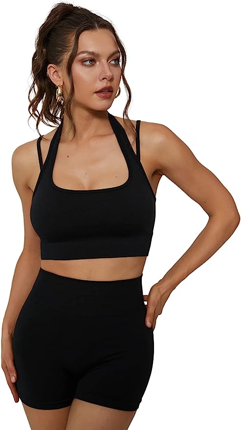 FITTIN Womens Halter Neck Workout Outfits Sets 2 Piece - Sports Bra & High Waist Shorts Sets for Gym Fitness Exercise Forging