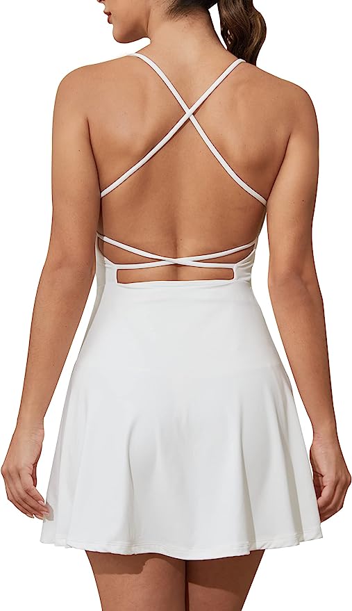 Rigolla Womens Tennis Dress with Built in Shorts and Bra Spaghetti Straps Athletic Backless Workout Dresses with Pockets