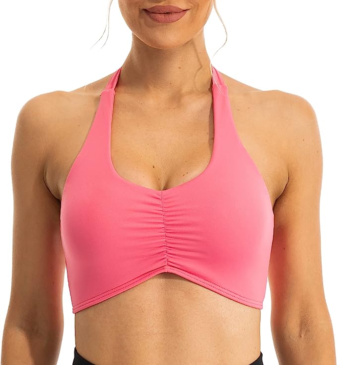 Lavento Women's Halter Sports Bra Ruched Low Impact Yoga Workout Top – Stylish and Comfortable