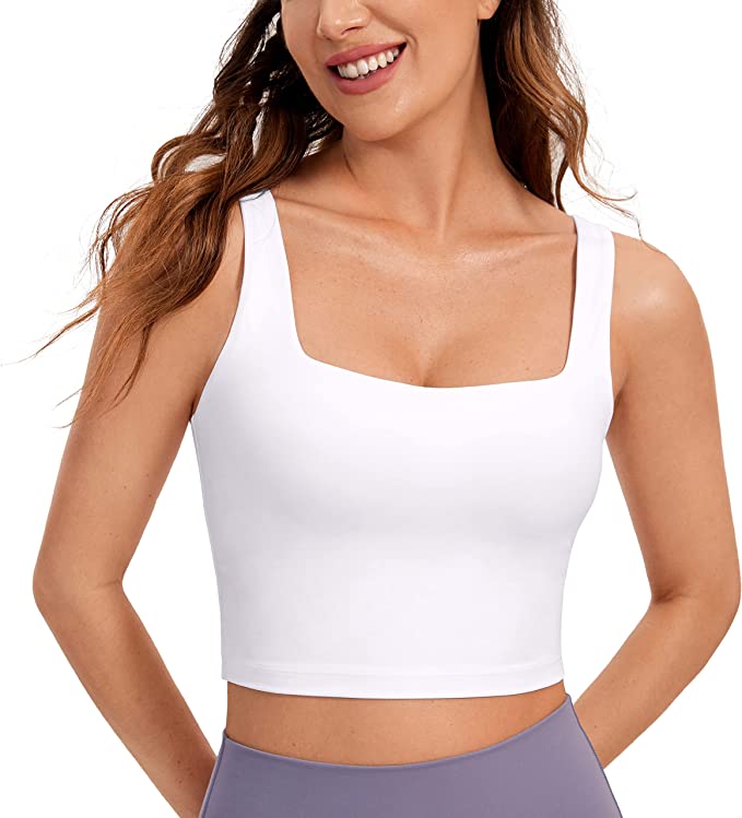 CRZ YOGA Butterluxe Womens Square Neck Longline Sports Bra - Workout Crop Tank Tops Padded with Built-in Shelf Yoga Bra