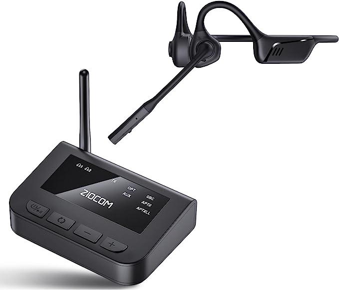 ZIOCOM Open Ear Bone Conduction aptX-LL Wireless Bluetooth Headphones & ZIOCOM Bluetooth Transmitter for TV