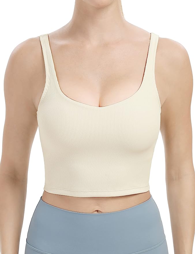 BAYDI Longline Padded Sports Bra V Neck Workout Tops for Women Tank Tops with Built in Bra Ribbed Yoga Bras