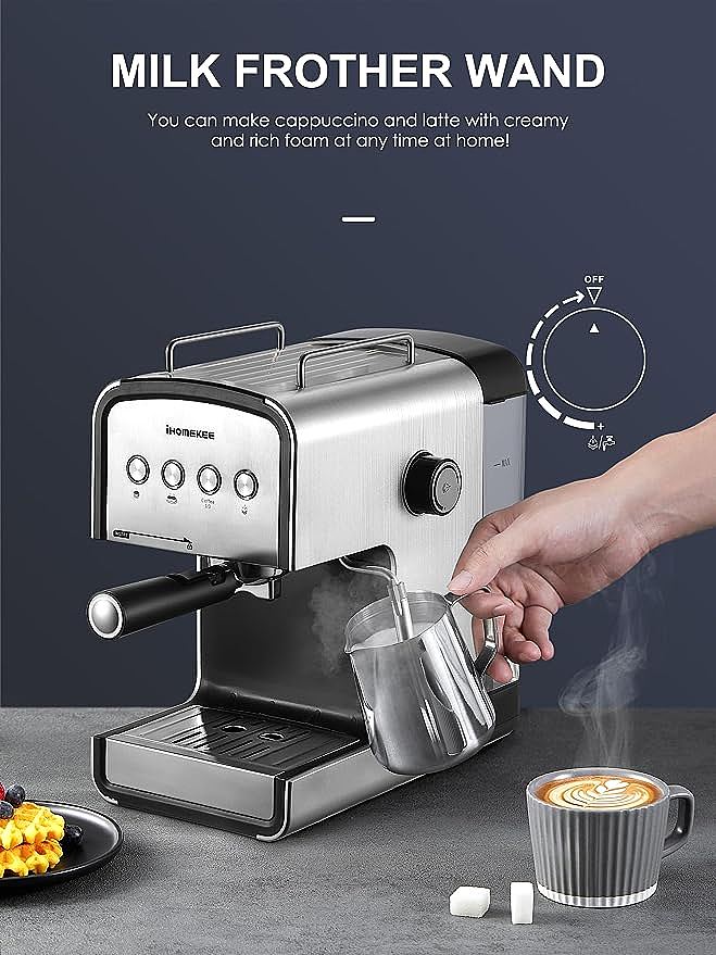Ihomekee Espresso Machine, 3.5Bar Espresso and Cappuccino Machine with  Preheating Function, 4 Cup Coffee Maker with Milk Frothing Function and  Steam Wand (White) 