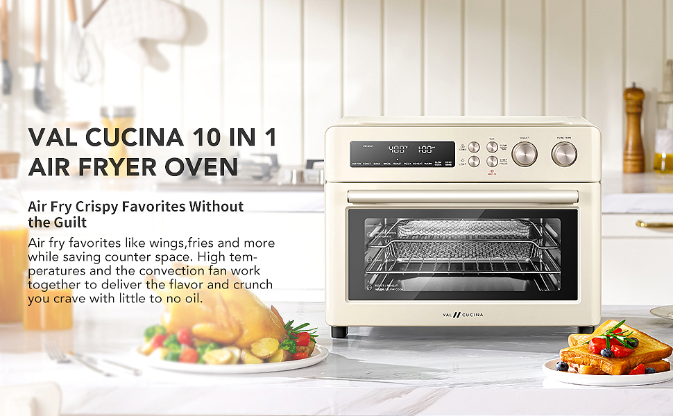 Val Cucina 10-in-1 Smart Air Fryer - Extra-Large Convection Countertop Toaster Oven, 6-Slice Toast, 12-Inch Pizza, Cream, White
