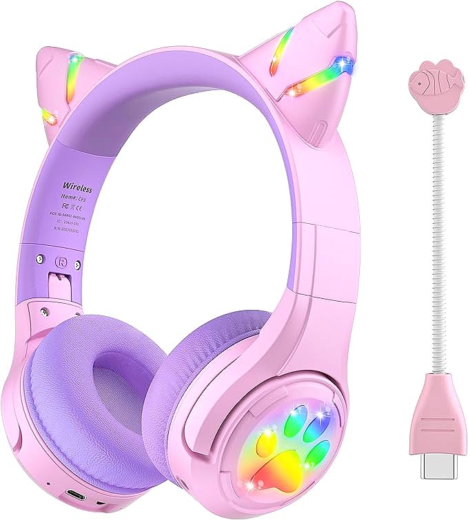 Riwbox CF9 Cat Ear Bluetooth Headphones: Fun Lights and Volume Limiting for Safe Kids Listening